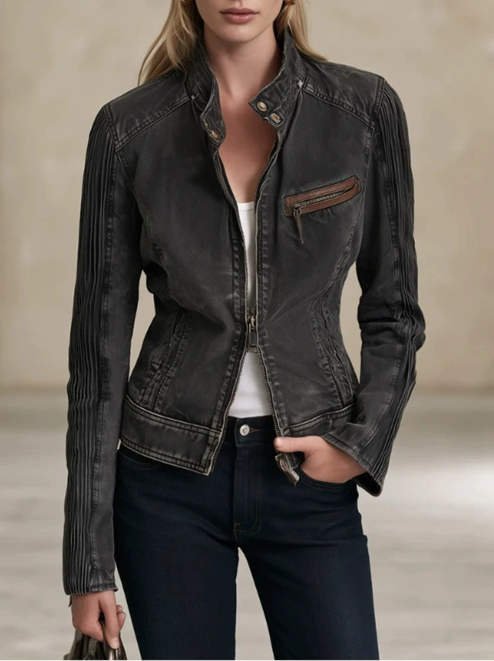 H&M Women Vintage Black Gray Washed Denim Motorcycle Jacket